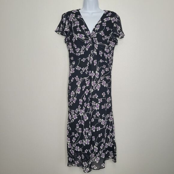 dressbarn Dresses & Skirts - Vintage y2k black purple grunge flower print ruffle sleeve midi dress size 10
